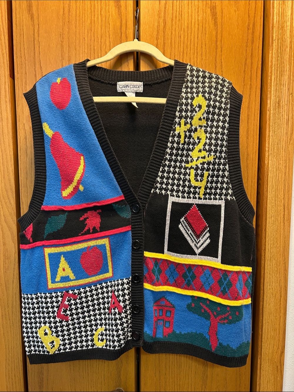 Cabin Creek Multicolor Patterned Knit Vest with school teacher design.  Size 1X.